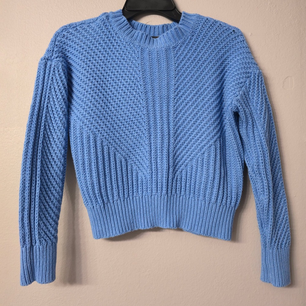 Ann Taylor Blue Mixed Ribbed Knit Cashmere Blend Crew Neck Sweater Small
